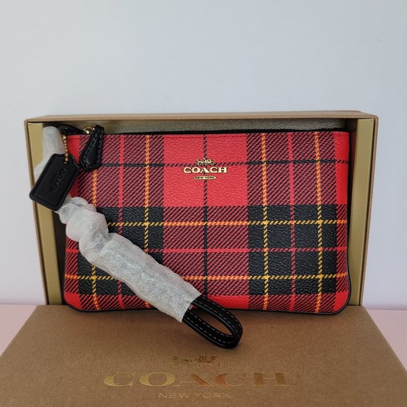 COACH Small Printed Plaid Coated Canvas Wristlet-Red Multi - Picture 1 of 16